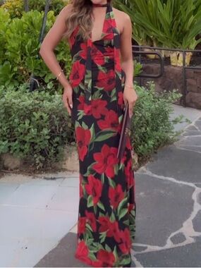 Zara Black Maxi Halter Dress with Red Floral Print, size M